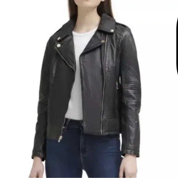 Guess Moto Black Leather Jacket with Asymmetrical Zipper Gold Ascents Size S/M - Picture 2 of 13